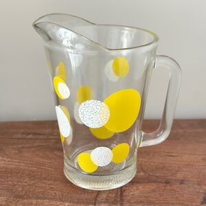 Mid Century Modern Retro Glass Drink Pitcher with Yellow/White Polka Dot Pattern